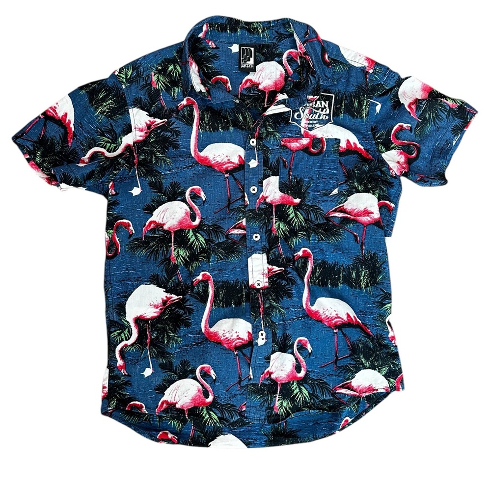 Small pink Flamingo button down‎ casual collard shirt